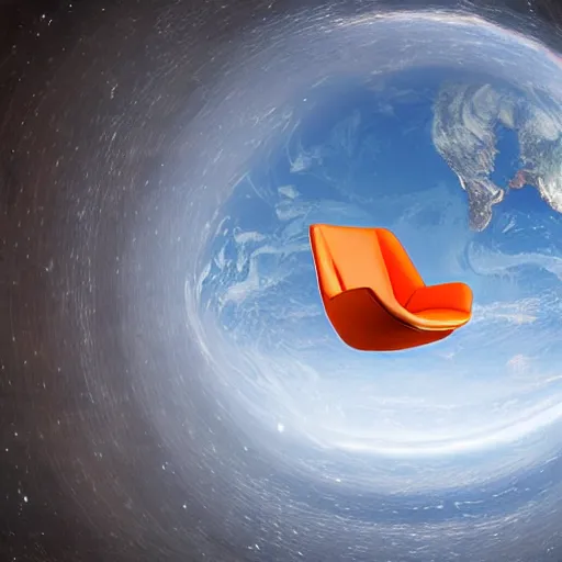 Image similar to orange chair floating in space above earth