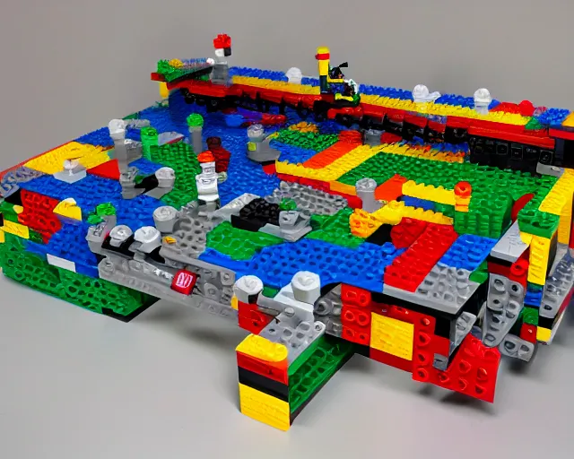 Image similar to intricate colorful lego set of a Turing machine