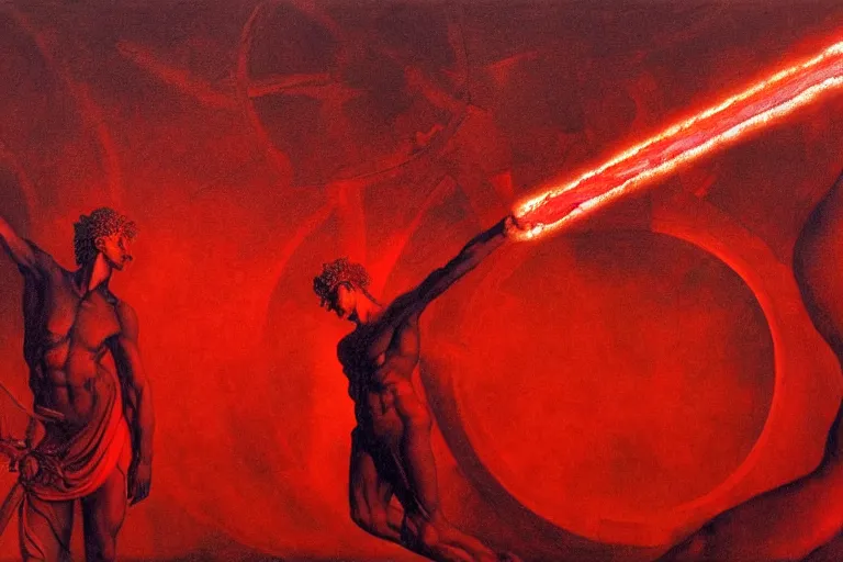 Image similar to only with red, a red melted apollo with a laurel wreath and a flaming sword announce the win, atene in the background, in the style of beksinski, part by hopper, part by rodcenko, part by hofbauer, intricate composition, red by caravaggio, insanely quality, highly detailed, masterpiece, red light, artstation