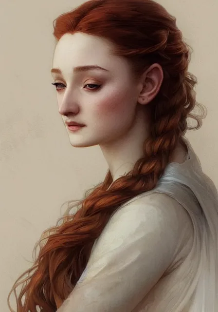 Image similar to little pretty girl sansa stark, intricate, elegant, highly detailed, digital painting, artstation, concept art, smooth, sharp focus, illustration, art by artgerm and greg rutkowski and alphonse mucha and william - adolphe bouguereau