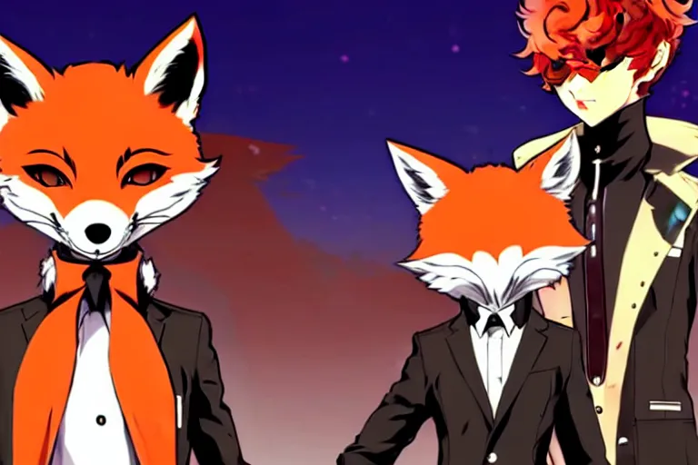 Image similar to a furry tan male fox on a persona 5 : royal ( by atlus ) video game splash screen, a furry male sandy sand - colored beige tan fur fox fursona ( has light brown hair ), persona 5 phantom thief style