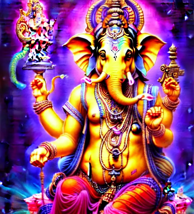 Prompt: lisa frank pattern fantasy character portrait of ganesha, ultra realistic, wide angle, intricate details, blade runner artifacts, highly detailed by peter mohrbacher, wayne barlowe, boris vallejo, hajime sorayama aaron horkey, gaston bussiere, craig mullins