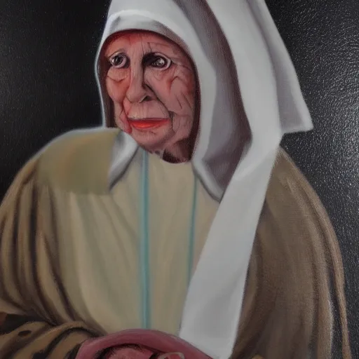 Prompt: oil painting of a creepy nun in the woods