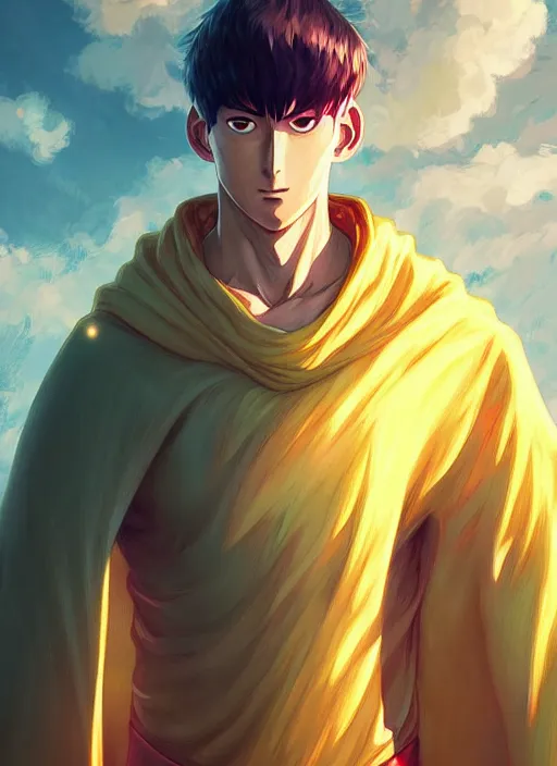 Prompt: handsome saitama, epic cape, half body shot, path traced, highly detailed, high quality, digital painting, alena aenami, lilia alvarado, shinji aramaki, karol bak, alphonse mucha, tom bagshaw