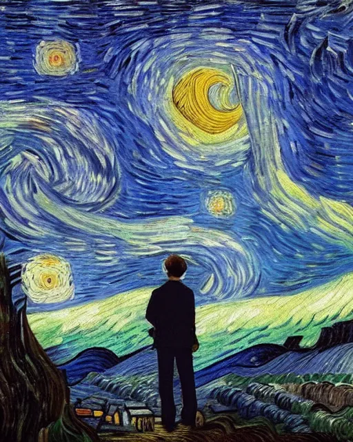 Image similar to a person looking at the night sky with stars, colorful, beautiful, national geographic, very detailed, astrophotography, oil painting, canvas, Vincent van Gogh, Caspar David Friedrich