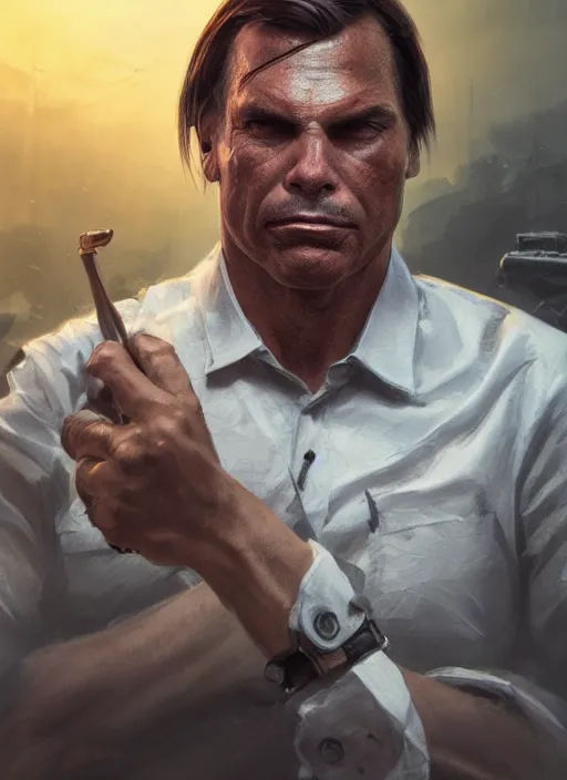 Image similar to A portrait of bolsonaro by Greg Rutkowski, Sung Choi, Mitchell Mohrhauser, Maciej Kuciara, Johnson Ting, Maxim Verehin, Peter Konig, final fantasy, 8k photorealistic, cinematic lighting, HD, high details, dramatic, atmospheric , trending on artstation