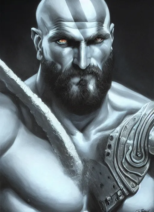 Image similar to a epic portrait of the god of war, art by boris vallejo and greg danton and denys tsiperko, detailed, hyperrealism, artstation