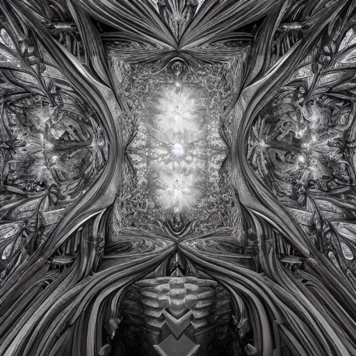 Prompt: a 3 d painting of a massive sprawling fractal cathedral interior populated by mandelbrot fractals, unreal engine, carved soap, white, volumetric lighting, hyperrealistic, octane render, glowing, carved marble, opalescent, carved wood, depth of field, sacred geometry, religious, angelic, catholicpunk, photorealism, 8 k, ultra detailed