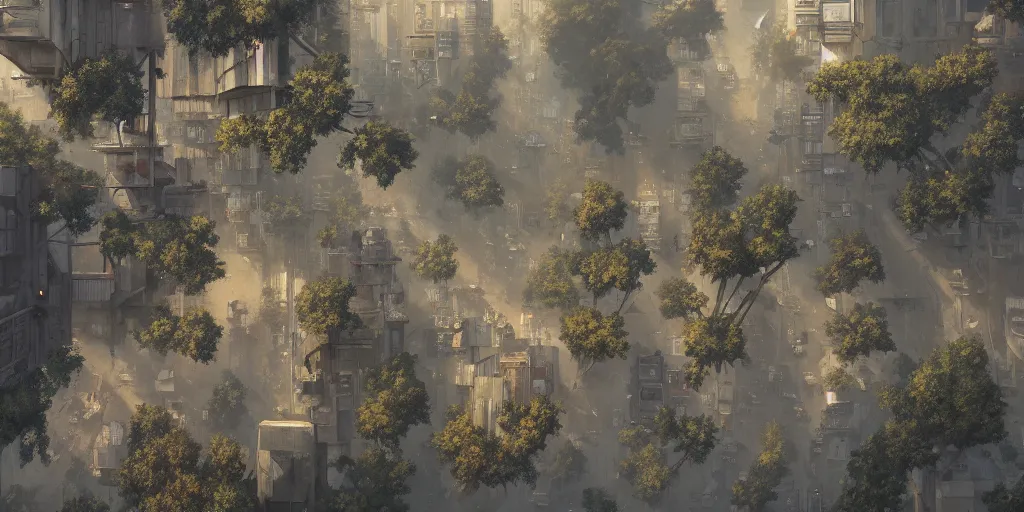 Image similar to a painting of a cinematic keyframe of a post apocalyptic city covered by nature roads seen from above rendered by studio ghibli, cenital shot, by greg rutkowski, rule of thirds, golden ratio, ambient lighting, wlop, artgerm, artstation, highly detailed masterpiece, dark fantasy art, high detail, trending on artstation