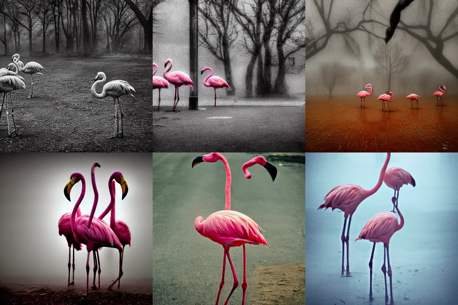 Prompt: creepy flamingoes, in the style of silent hill, real photography