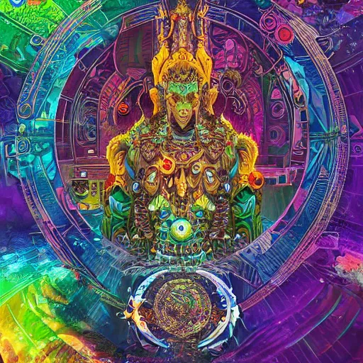 Image similar to techno earth plaza with a divine jungle of deities and peoples living together in harmony created by android jones, vector painted by pablo amaringo