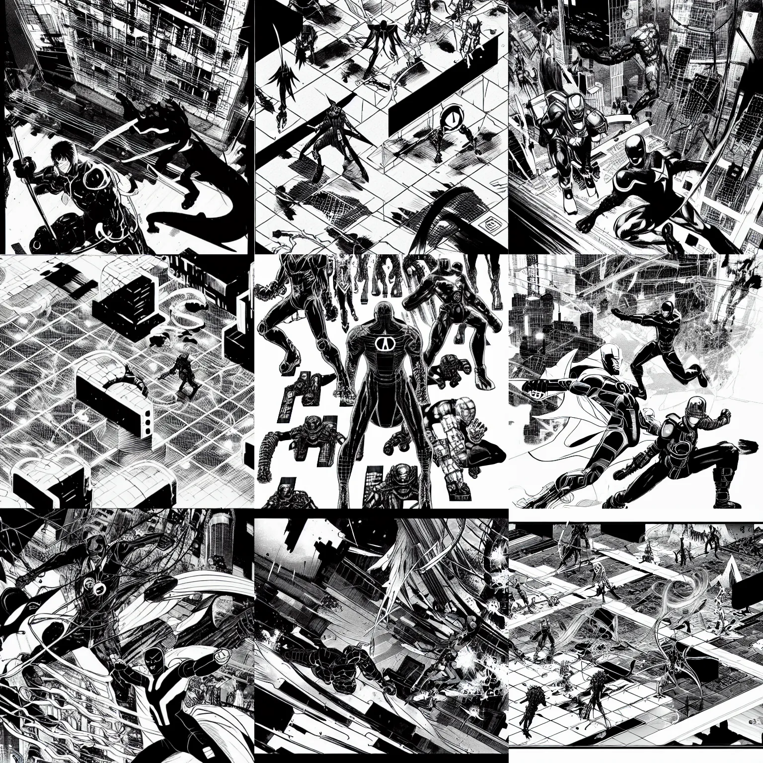 Prompt: black and white avengers fights, isometric, by tsutomu nihei