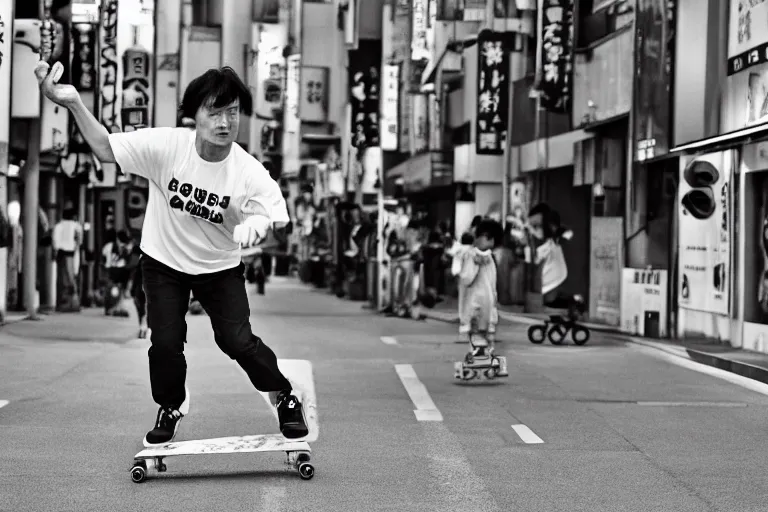 Prompt: conan is running towards freedom by skateboarding on the streets of beikacho, tokyo, japan, by aoyama gangchang.