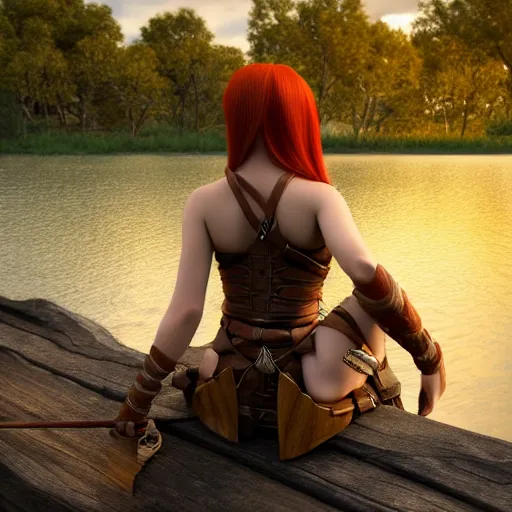 Image similar to beautiful female redhead elf warrior wearing tanned leather and a longbow and quiver on her back, sitting next to a beautiful lake at sunset, enjoying the wind, looking at the water. 8 k ultra realistic, award winning, unreal engine 5, masterpiece, atmosphere glow, hyperrealistic, focused, extreme details, cinematic