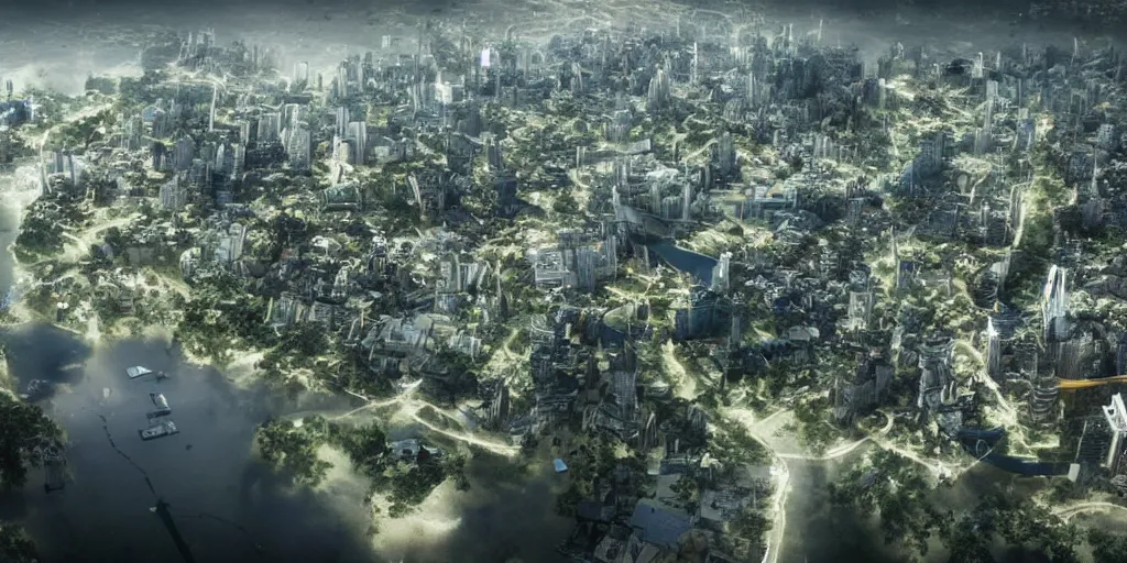 Image similar to the future capital city of liberland, epic scene from vfx scifi by christopher nolan