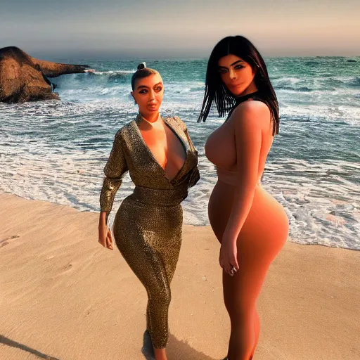 Image similar to kylie jenner hugging kim kardashian standing on a beach, army outfits, starry night, 4k, photo