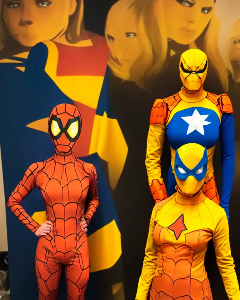 Image similar to new marvel superhero captain marigold, orange and yellow costume, centered zoomed out