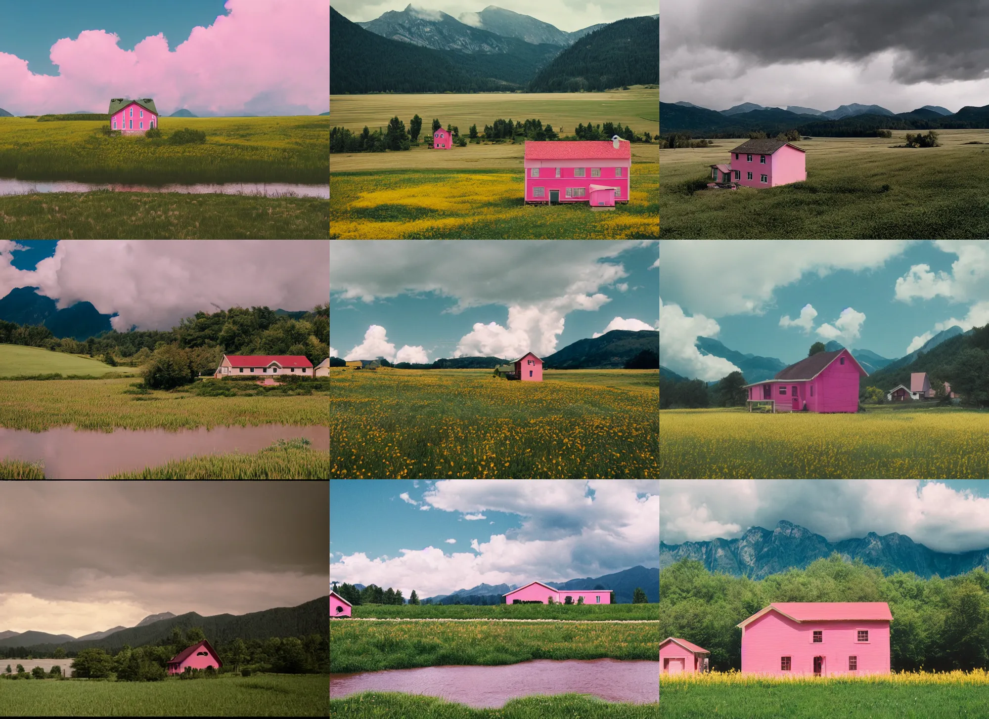 Prompt: still frame from a wes anderson movie of a meadow with a small pink farm house with a river and mountains, massive clouds, 1 6 mm f 1. 4 lens, nikkor, canon, sigma, award - winning landscape photography