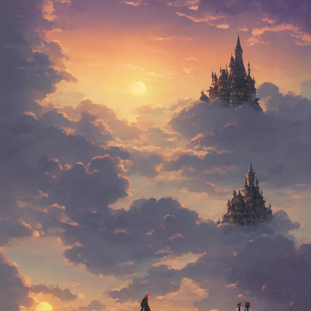 Prompt: “Studio Ghibli’s ‘Castle in the Sky’ during sunset, by Makoto Shinkai, trending on Artstation, 8k, 4k, high-res, digital art”