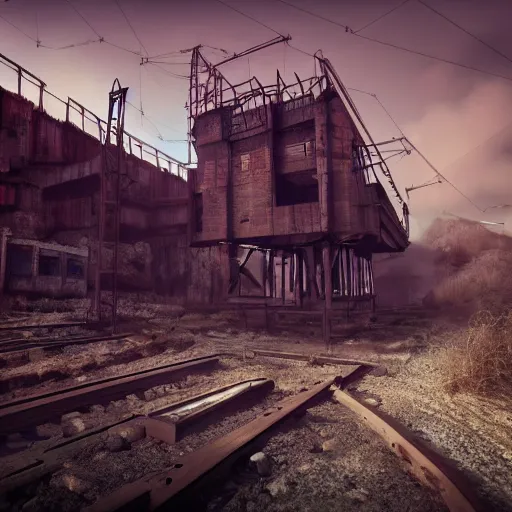 Prompt: an abandoned mine with rails and a trolley, the walls are lit with a dim blue light, cinematic, cyberpunk, 4k,