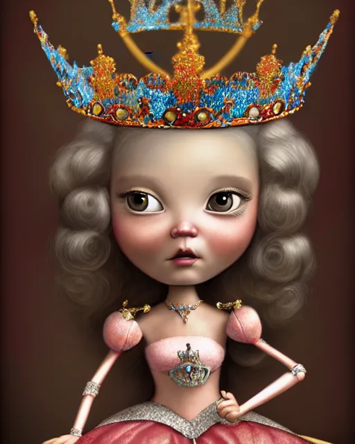 Image similar to closeup profile portrait of a tin toy fairytale princess wearing a crown and sitting on a throne, bikini, hyper realistic, artstation, illustration, concept art by nicoletta ceccoli, mark ryden, lostfish, dan decarlo, bob clampett, max fleischer, digital paint, matte paint, washed colors, dark, gloomy, detailed and intricate environment