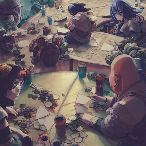 Image similar to precisely drawn illustration of anime group of dwarfs playing cards, wide angle, sharp, fine details, anime, manga, cyberpunk, realistic shaded lighting by katsuhiro otomo ghost-in-the-shell, magali villeneuve, artgerm, rutkowski Jeremy Lipkin and Giuseppe Dangelico Pino and Michael Garmash and Rob Rey