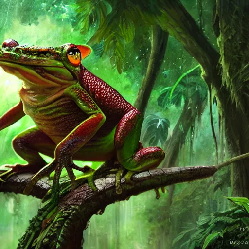 Prompt: an amphibian goblin in a rainforest, digital art, realistic, 8 k, matte painting, fantasy art, ultra detailed