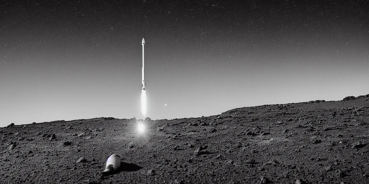 Image similar to 1 7 mm, black and white photo of a rocket landing on bright mars, black background with stars, cinematic film still, high contrast, astrophotography, 4 k