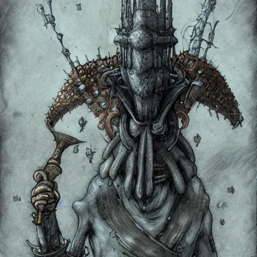 Prompt: squidward as a dark souls boss by santiago caruso