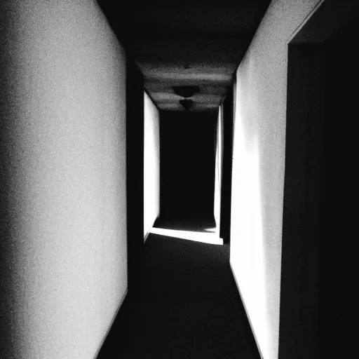 Image similar to a hallway with a shadowy silhouette standing at the end, creepy, uncanny, liminal space