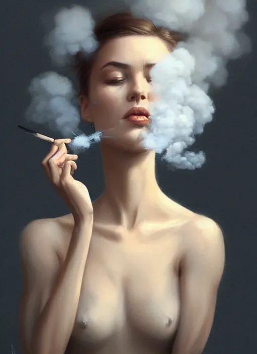 Prompt: portrait of finnish woman vanishhing slowly as an smoke to the air, realistic smoke, elegant, highly detailed, digital illustration, trending in artstation, trending in pinterest, glamor pose, concept art, smooth, sharp focus, art by artgerm and greg rutkowski