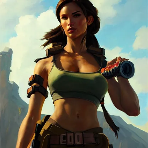 Image similar to Greg Manchess portrait painting of Lara Croft as Overwatch character, medium shot, asymmetrical, profile picture, Organic Painting, sunny day, Matte Painting, bold shapes, hard edges, street art, trending on artstation, by Huang Guangjian and Gil Elvgren and Sachin Teng