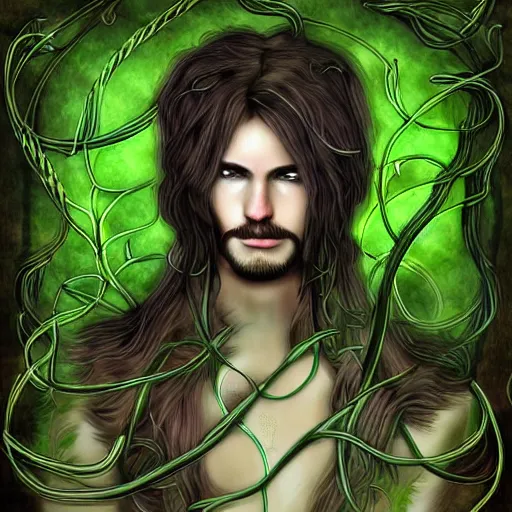 Image similar to male druid with vines as hair flower in his hair detailed fantasy digital art