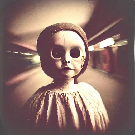 Image similar to aged polaroid photo of a scary doll in a london subway, gloomy, grainy