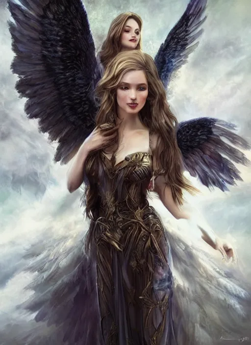 Image similar to a beautiful woman archangel big wings, full body, 8 k, hyperrealistic, hyperdetailed, beautiful face, long hair, dark fantasy, fantasy portrait by laura sava