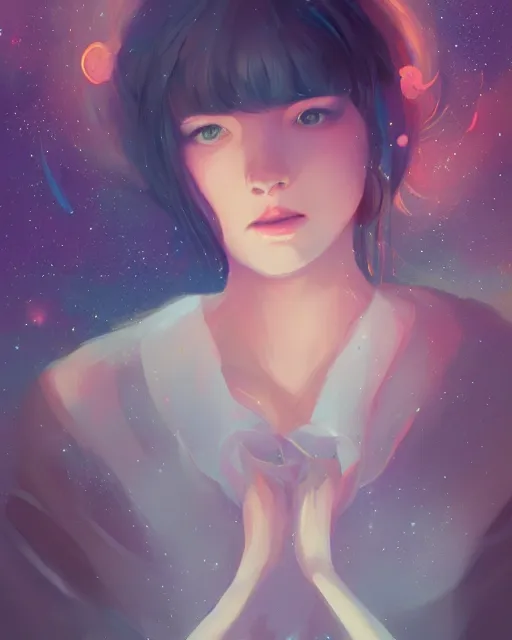 Prompt: beneath the stars, fantasy, portrait by wlop, loish, lois van baarle, digital art