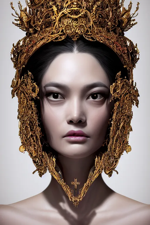 Image similar to a beautiful empress portrait, with a brilliant, impossible striking big cybernetic headpiece, cybernetic clothes, symmetrical, dramatic studio lighting, rococo, baroque, asian, hyperrealism, closeup, D&D, fantasy, intricate, elegant, highly detailed, digital painting, artstation, octane render, 8k, concept art, matte, sharp focus, illustration, art by Artgerm and Greg Rutkowski and Alphonse Mucha