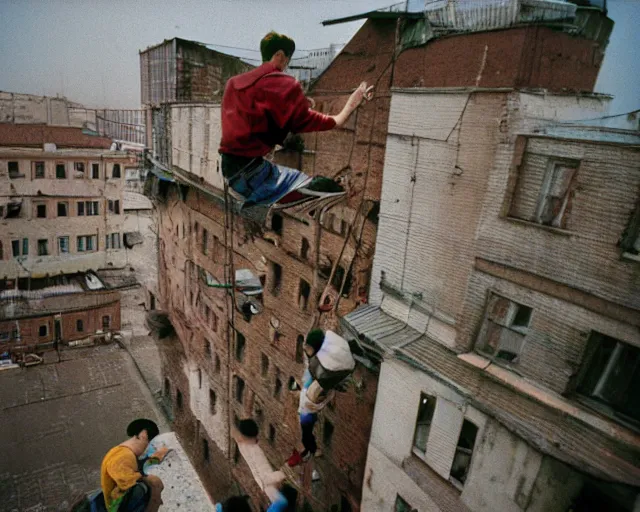 Image similar to lomo photo of roofjumpers climbing on roof of soviet hrushevka, small town, cinestill, bokeh, out of focus