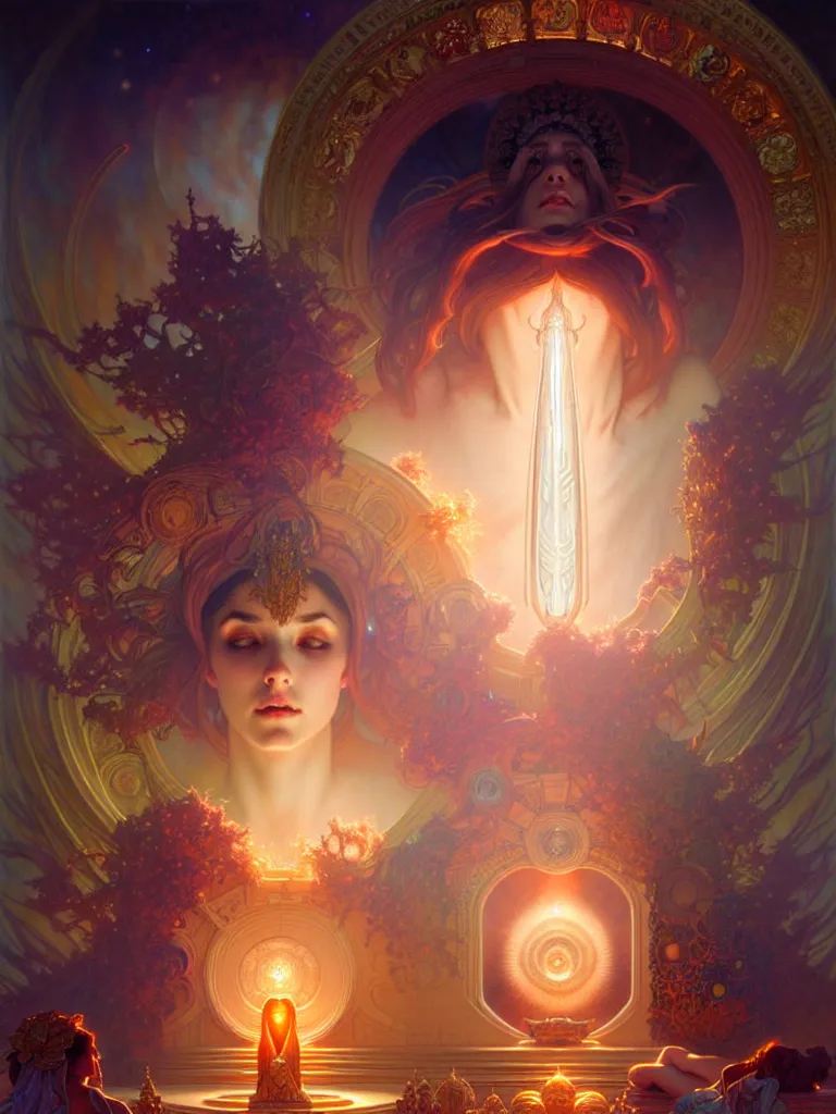 Image similar to ultra realistic, altar of cosmic goddess, intricate details, eerie, awakening, artstation, atmospheric, highly detailed, photorealistic, hyperrealism, 8k, art by artgerm and greg rutkowski and alphonse mucha