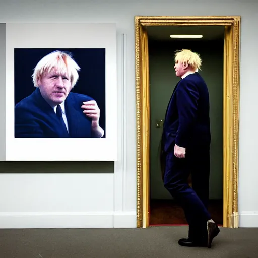 Prompt: a fine art portrait of british prime minister boris john wearing a tracksuit. in the style of edward hopper, richard hamilton and stanley kubrick.