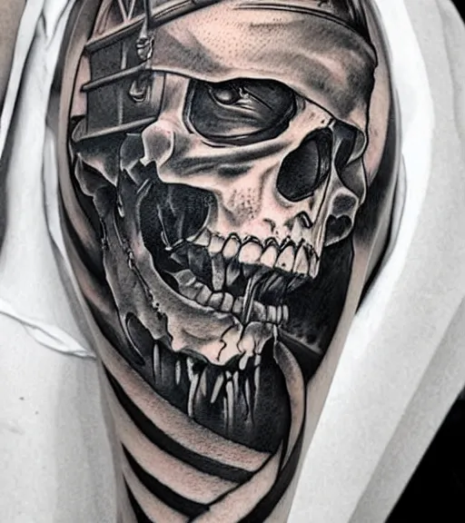 Image similar to A realism tattoo design of a pirate ship, white background, black and white, highly detailed tattoo, realistic tattoo, realism tattoo, beautiful shades