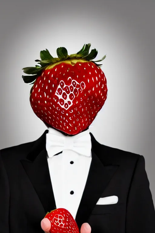 Prompt: a strawberry man wearing a tuxedo, he has a strawberry instead of a head