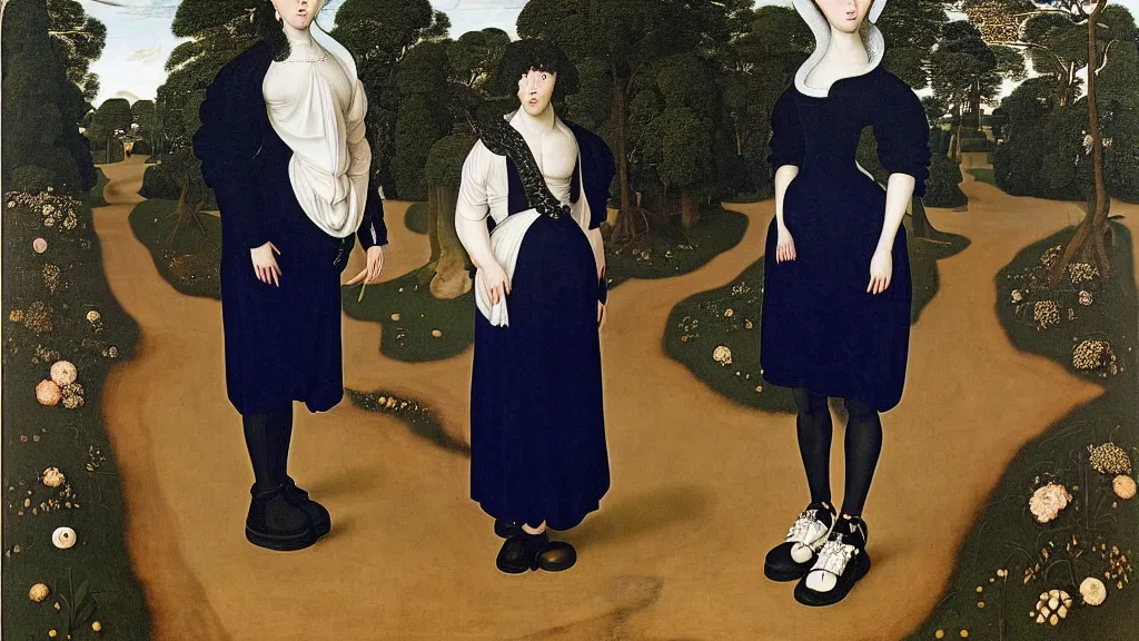 Prompt: portrait of a woman with blue frizzy hair, wearing a high collar black dress by alexander mcqueen and metallic platform shoes, standing in a botanical garden, bjork aesthetic, masterpiece, in the style of rogier van der weyden and jacopo da pontormo, punk, asian art