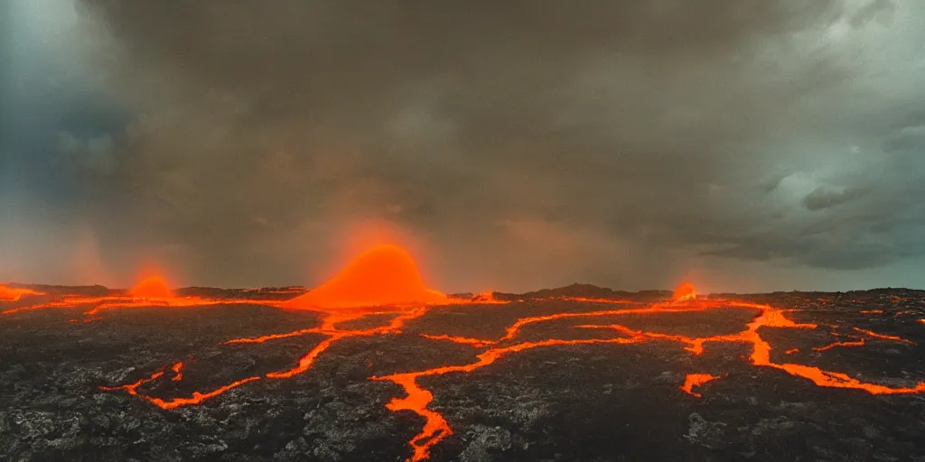 Image similar to A levitating crowd of people made from bright glowing volcanic stones floating in the air, storm clouds raining bright lava from the sky, Swelling waves, 8k photorealistic, dramatic lighting, chiaroscuro, William Eggleston