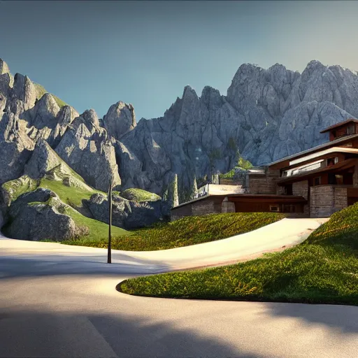 Prompt: alpine landscape with windy road and modern houses designed by frank lloyd wright scattered on the mountainsides, photo realism, dramatic lighting, from a dream, high quality digital art, unreal engine