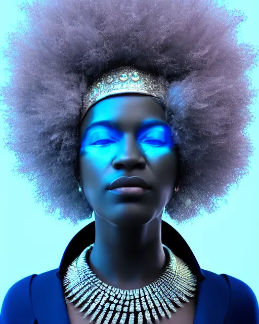 Prompt: bryce 3 d render of an afro futuristic portrait of a cyanpunk woman. vivid subsurface scattering lighting, colors. fashionable jagged sharp armor jacket, wearing silver necklace. cyberpunk style, wearing a crown of blue crystals and diamond studs by mandelbrot, benoit b