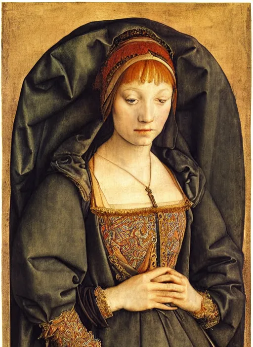 Image similar to portrait of young woman in renaissance dress and renaissance headdress, art by albrecht durer