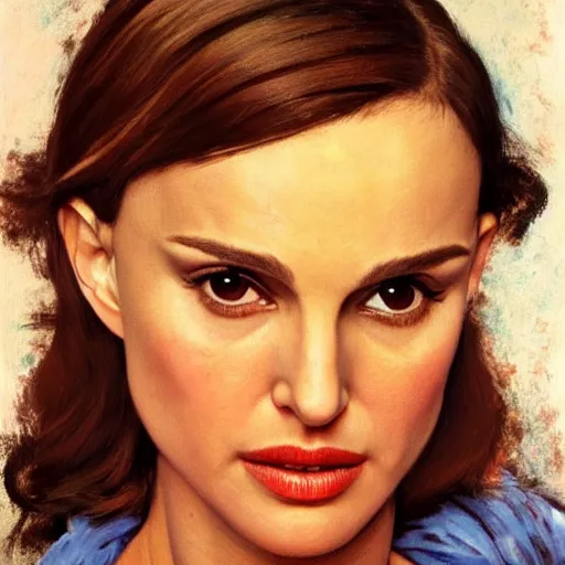 Image similar to Natalie Portman at a diner, head and shoulders portrait, extremely detailed masterpiece, Roger Deakin’s cinematography, oil on canvas, Norman Rockwell.