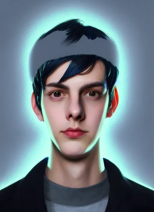 Image similar to portrait of teenage jughead jones wearing a light grey crown, crown, blue turtleneck, closed eyes, photorealistic, black hair, glowing lighting, intricate, elegant, glowing lights, highly detailed, digital painting, artstation, concept art, smooth, sharp focus, illustration, art by wlop, mars ravelo and greg rutkowski