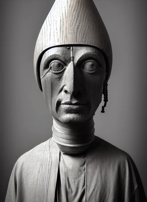 Prompt: realistic photo portrait of a a scientist ritual monk medieval clerical sculpture cone hat helmet made of wood, with plastic details detailed, covered in tesla electricity laser beam aura, sci - fi, greyscale 1 9 9 0, life magazine photo, natural colors,